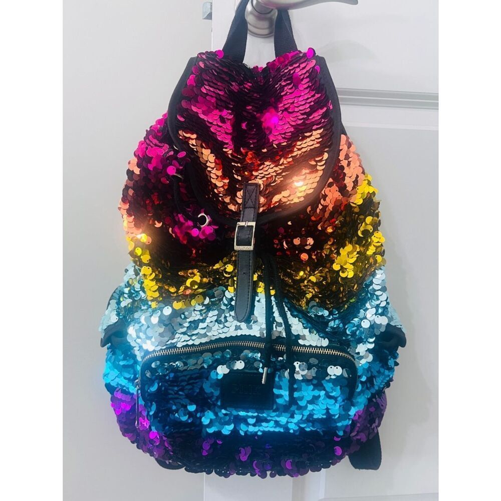 Rare Pink Victoria’s Secret rainbow Sequins Bling Backpack  EUC limited Editio